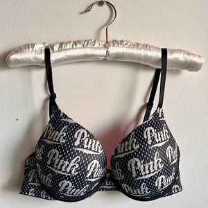 PINK Victoria’s Secret push up Bra- PINK logo, black/heather gray jersey print